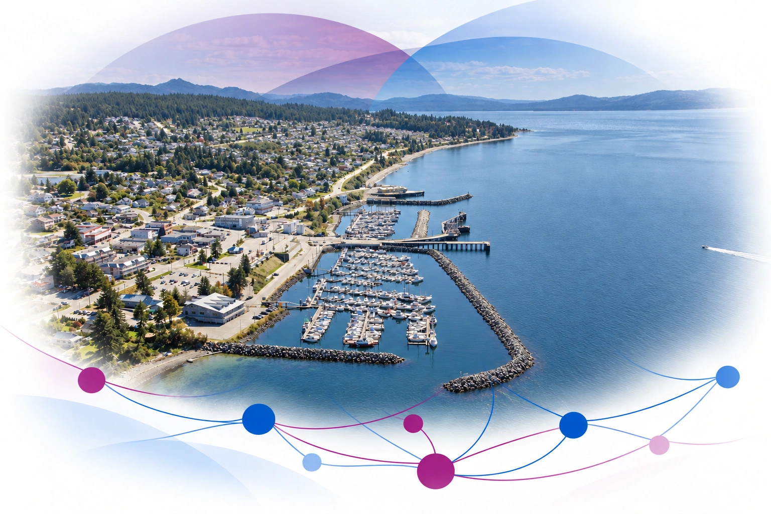 Aerial view of Powell River and the surrounding coast