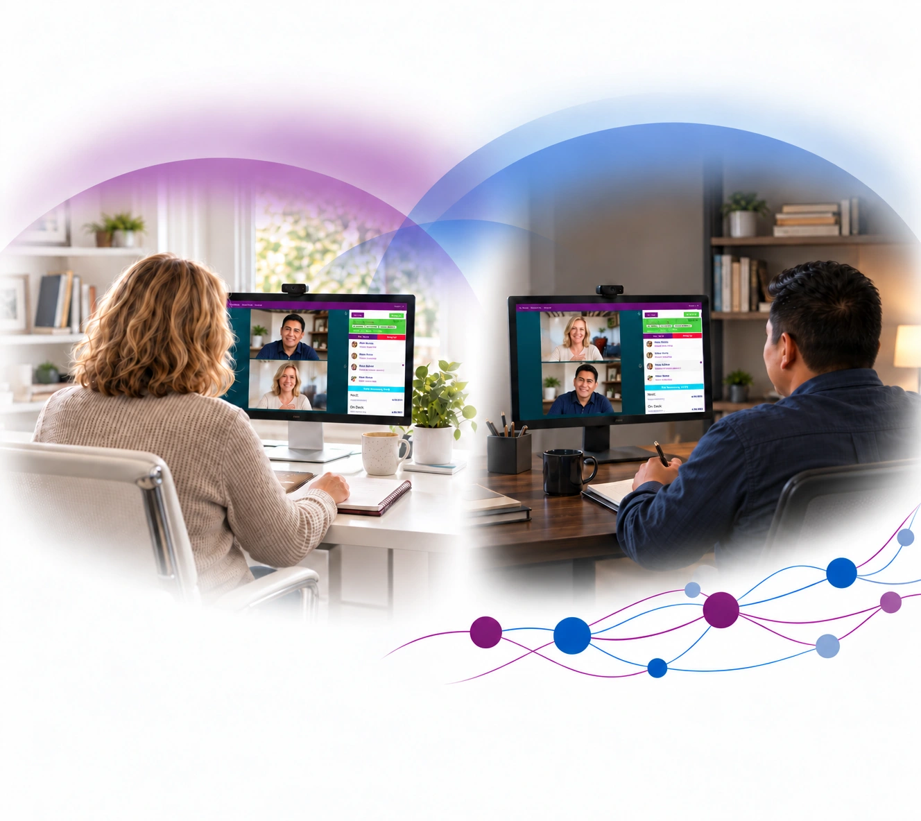 A blonde woman and an Indigenous man in separate offices having a conversation in the ABM Online Meeting Room.