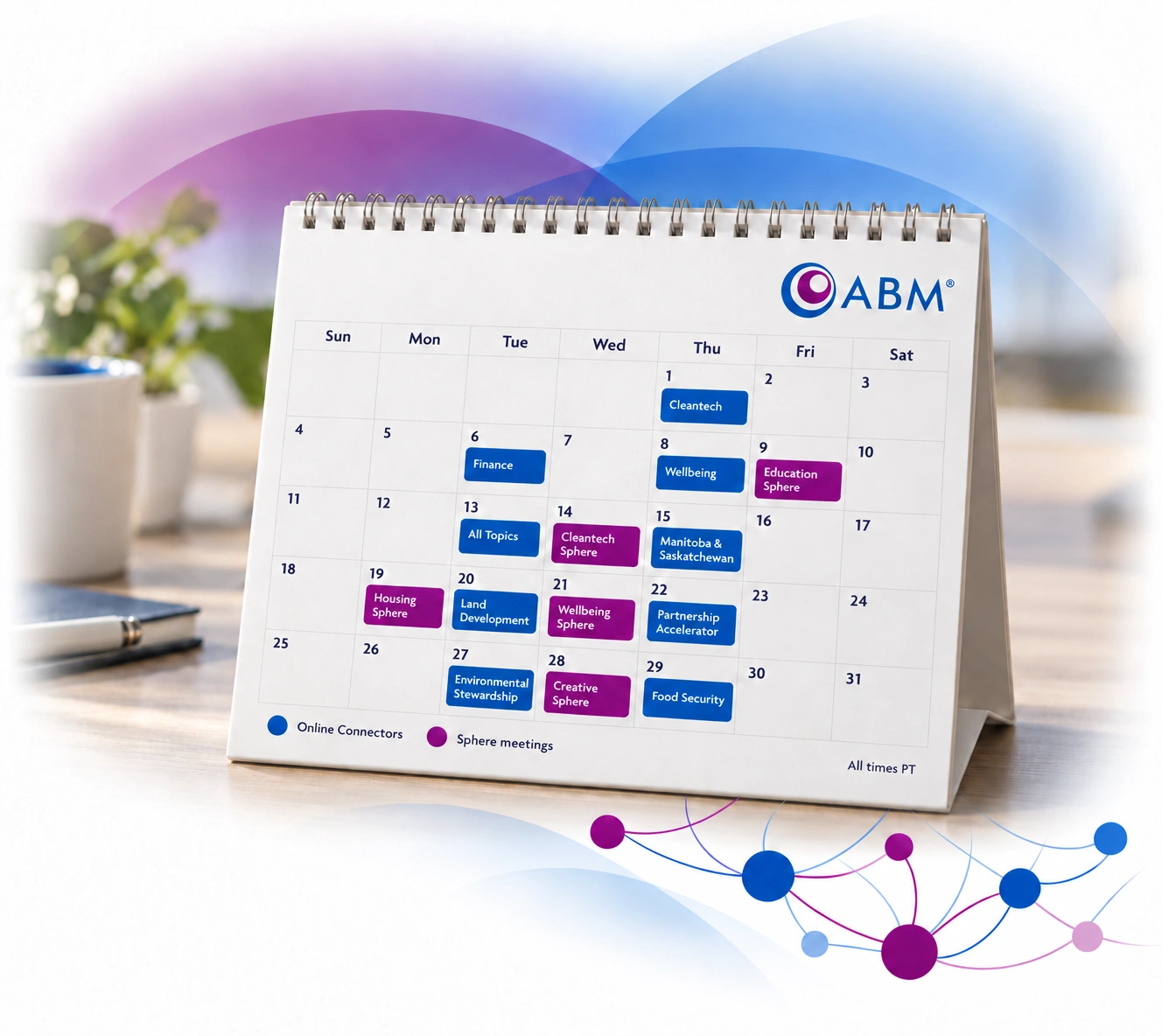 Sample calendar showing ABM Online Connectors in blue and Sphere meetings in purple.