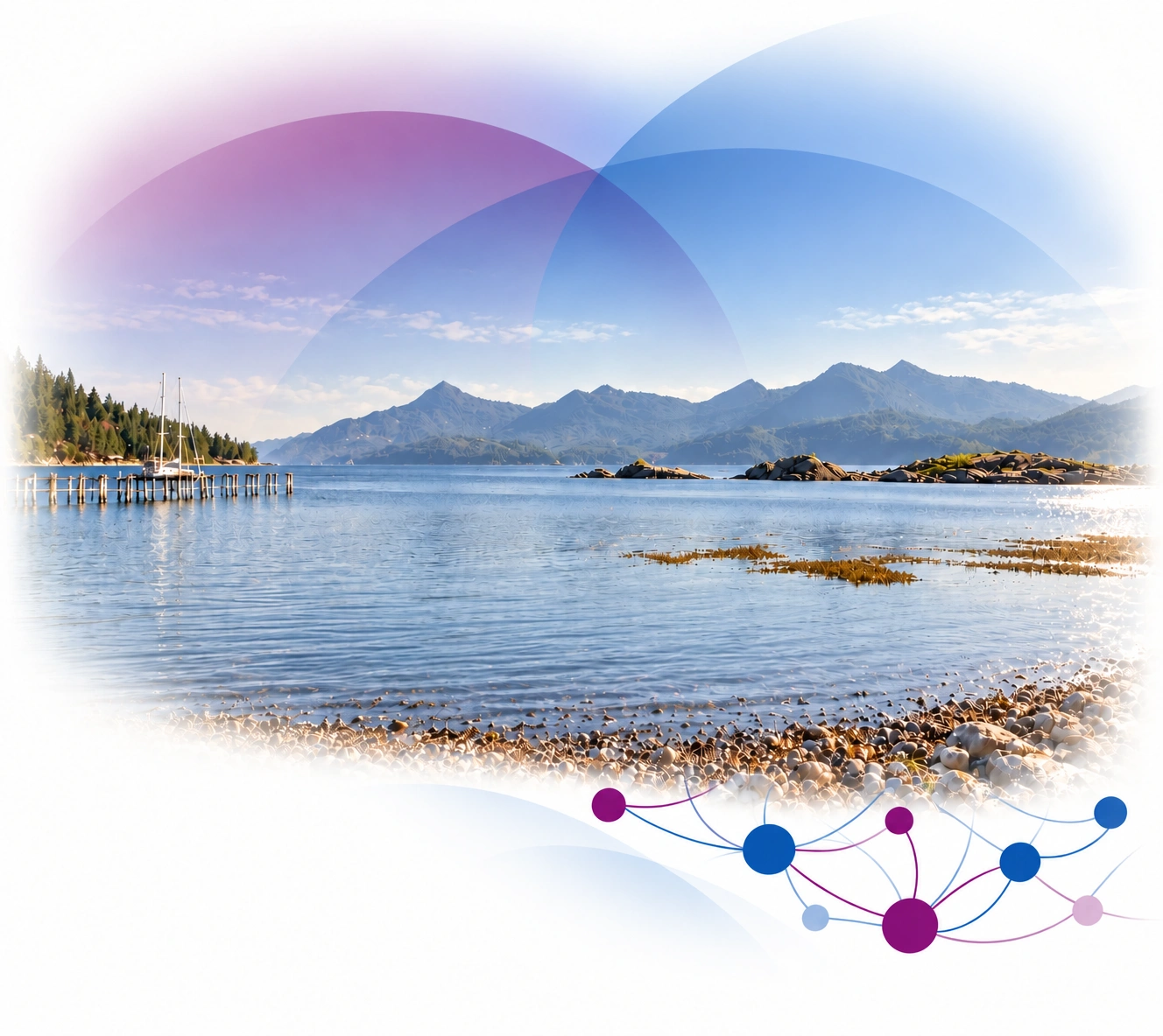 Coastal waters and mountains framed by overlapping purple and blue circles and connected dots.