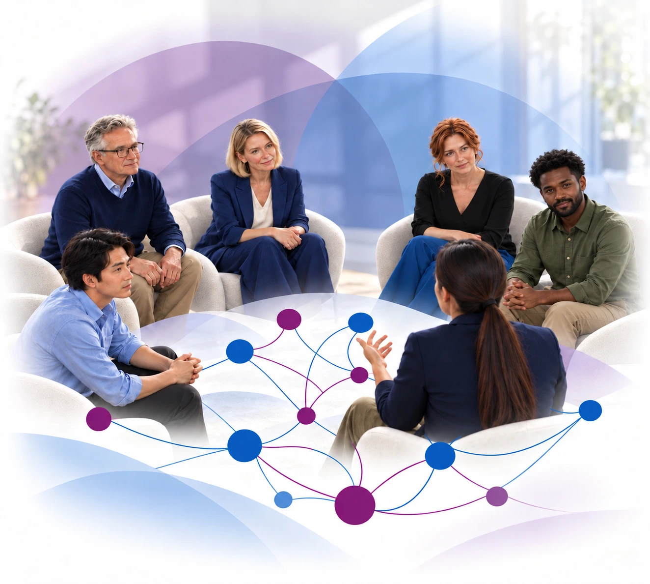 An Indigenous woman leads a group conversation, with overlapping purple and blue circles and connected dots representing shared knowledge.